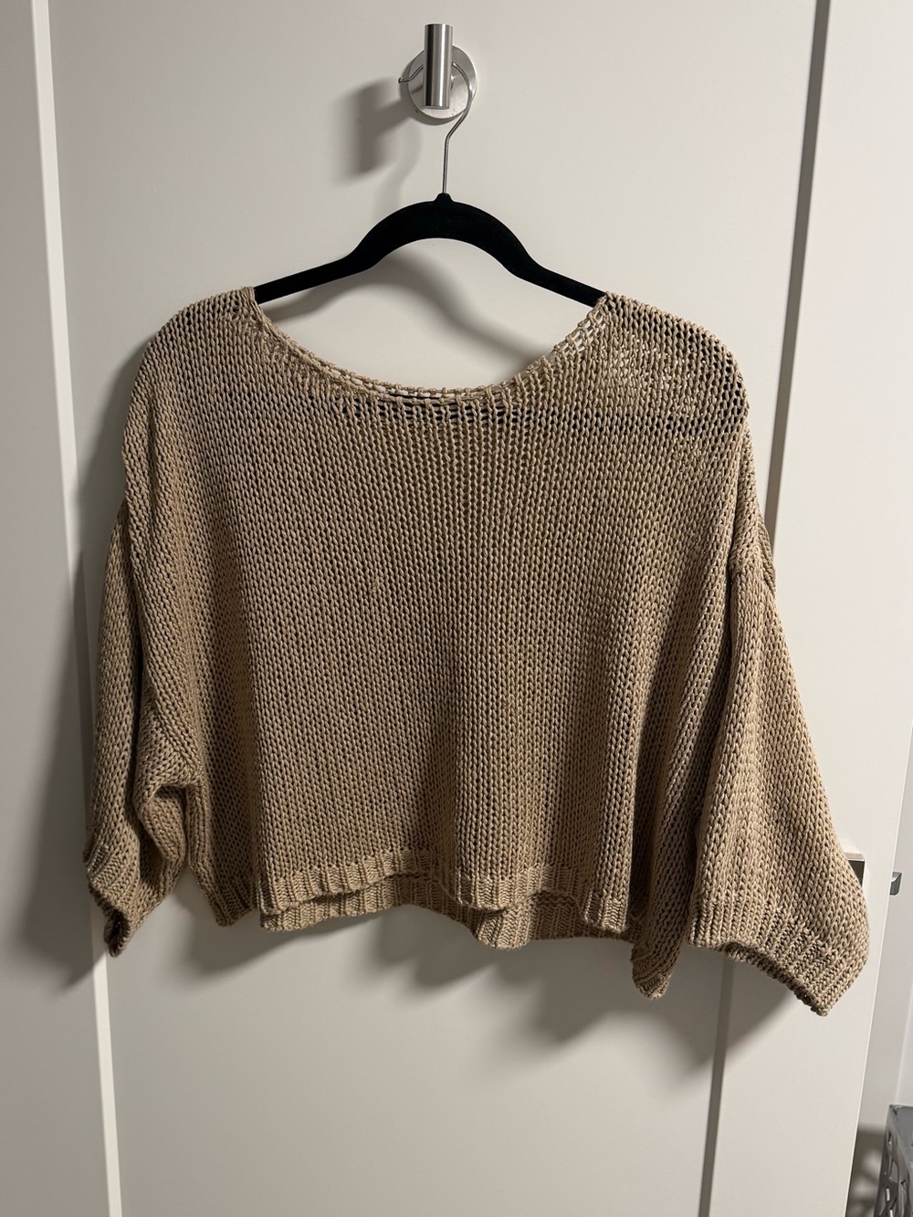 Simons Beige Cropped Open-Knit Sweater